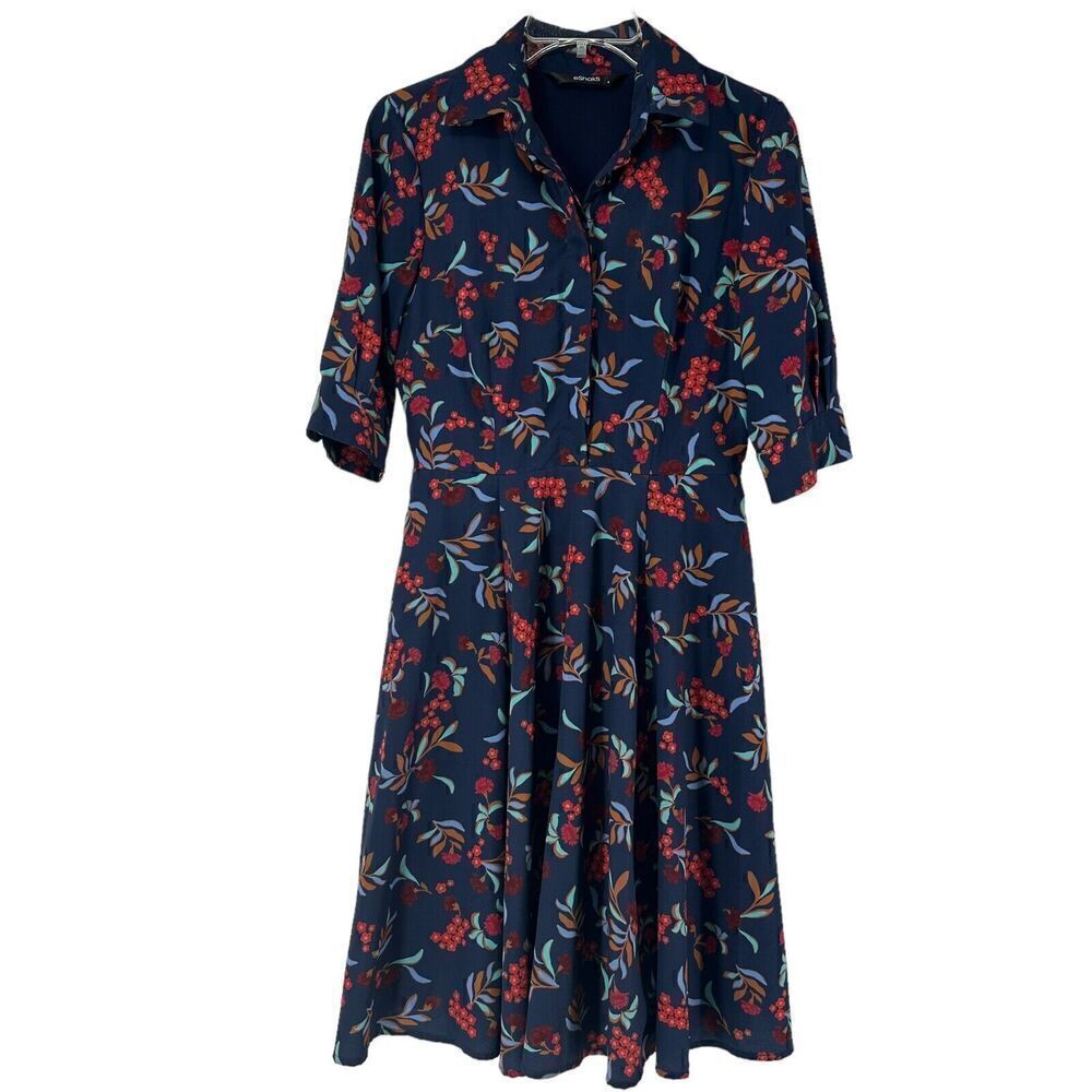 eShakti Shirt Dress Blue Floral Collared A Line Size 4 Short Sleeve Knee Length